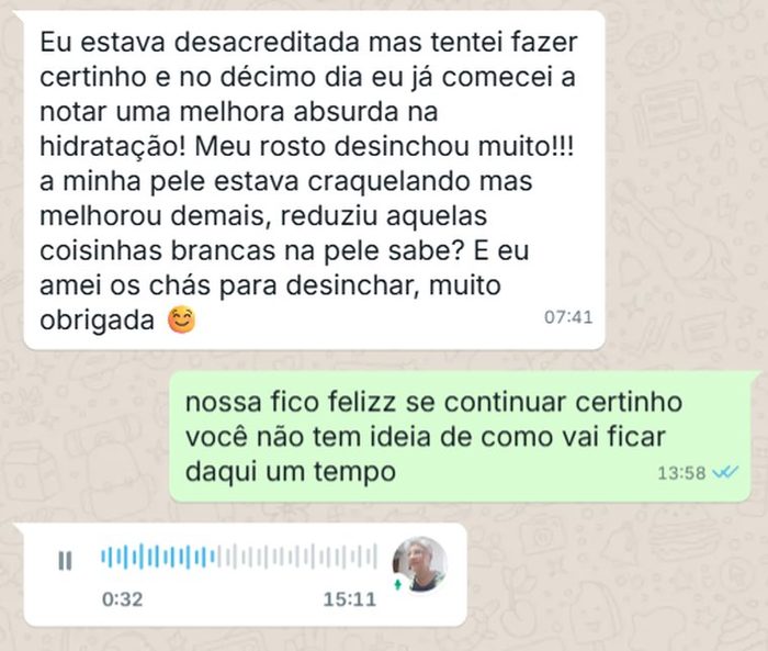 Depoimento real de cliente no WhatsApp: no décimo dia notou melhora na hidratação e menos ressecamento